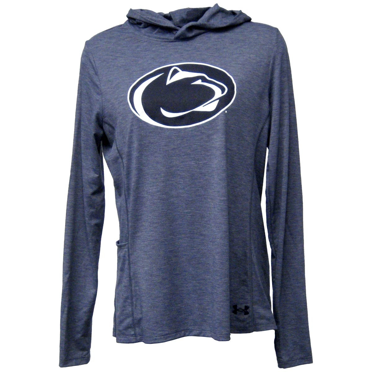 women's navy heather Under Armour performance hooded sweatshirt with Penn State Athletic Logo
